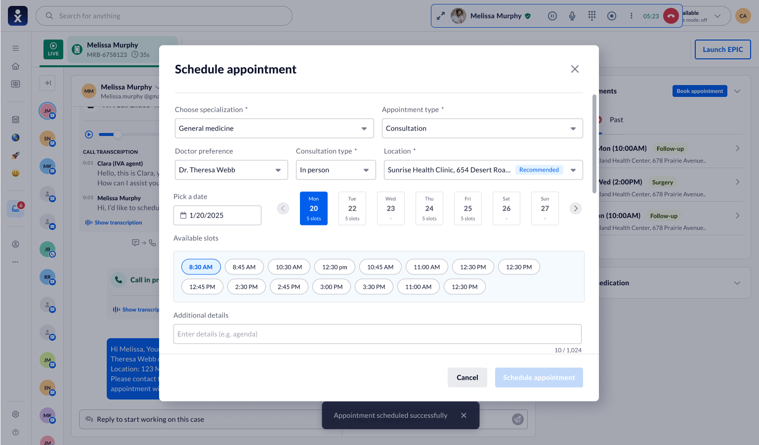 Schedule appointment modal showing a grid of available time slots for the selected day